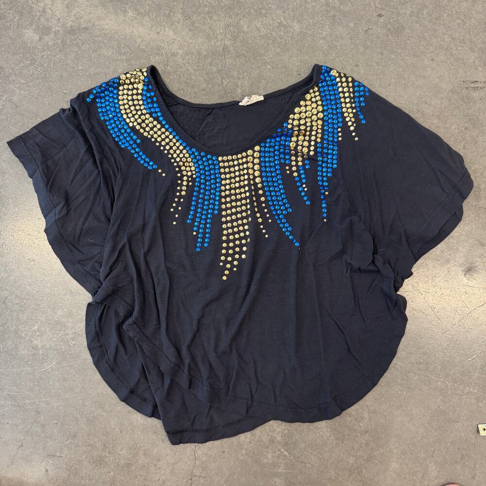 Vintage Y2K Free People Y2K Blue/Gold Studded Black Circular T-Shirt Top Small